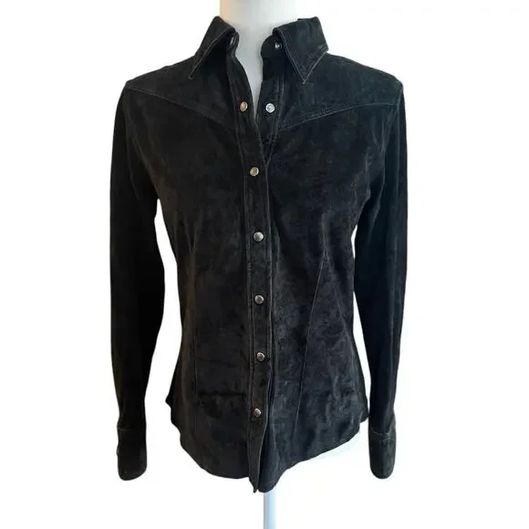 Eddie Bauer Seattle Suede Black Button-Up Shirt XS 100% Leather Washable - Picture 2 of 8